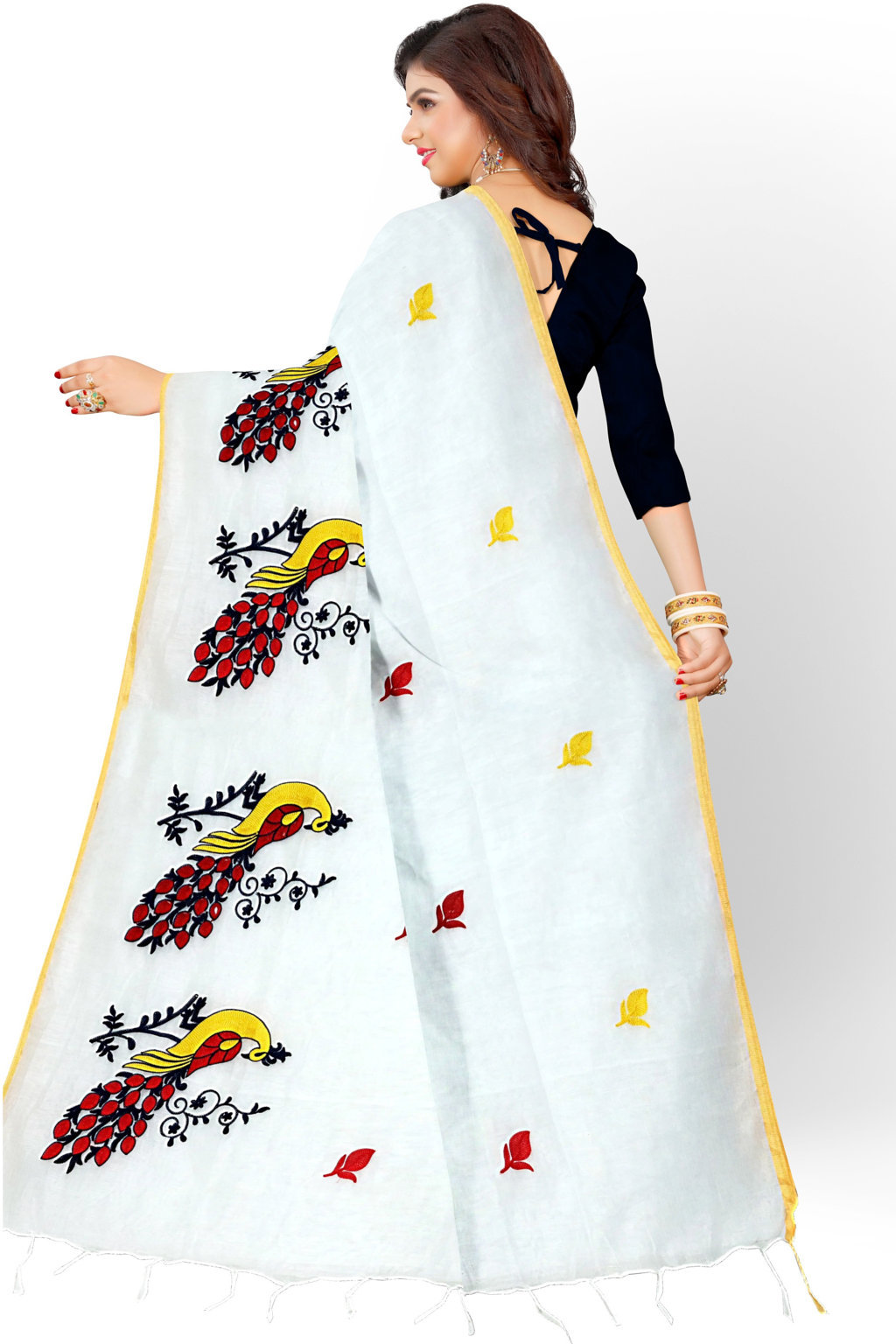 White Blended Cotton Mayuri Hand Hand Loom Saree (1115)